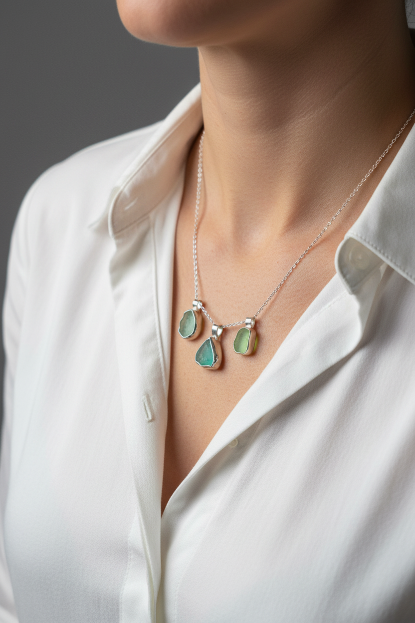 Seeglas Kette 3D Symbol Anhänger massiv Silber