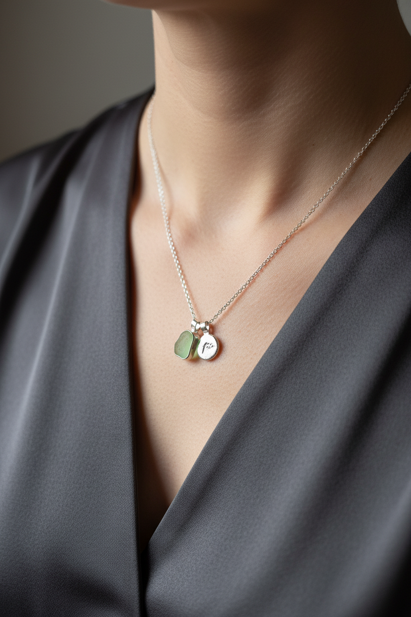 Seeglas Kette 3D Symbol Anhänger massiv Silber