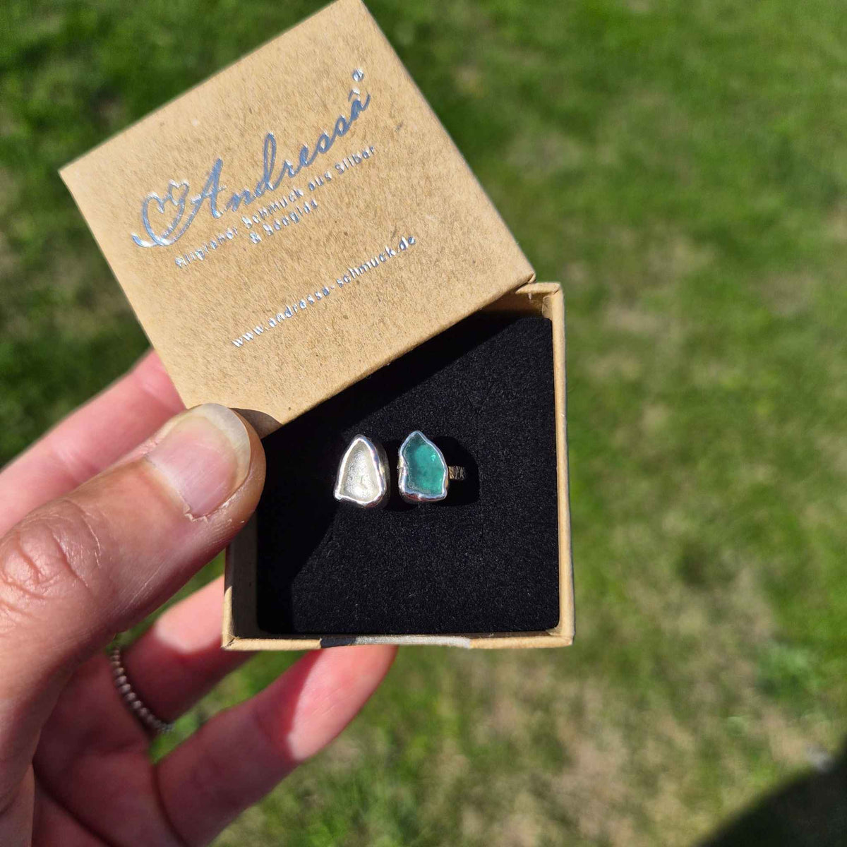 Seeglas Ring Duo · Handgeschmiedet 935 Silber · Zwei Seeglasstücke von Rügen