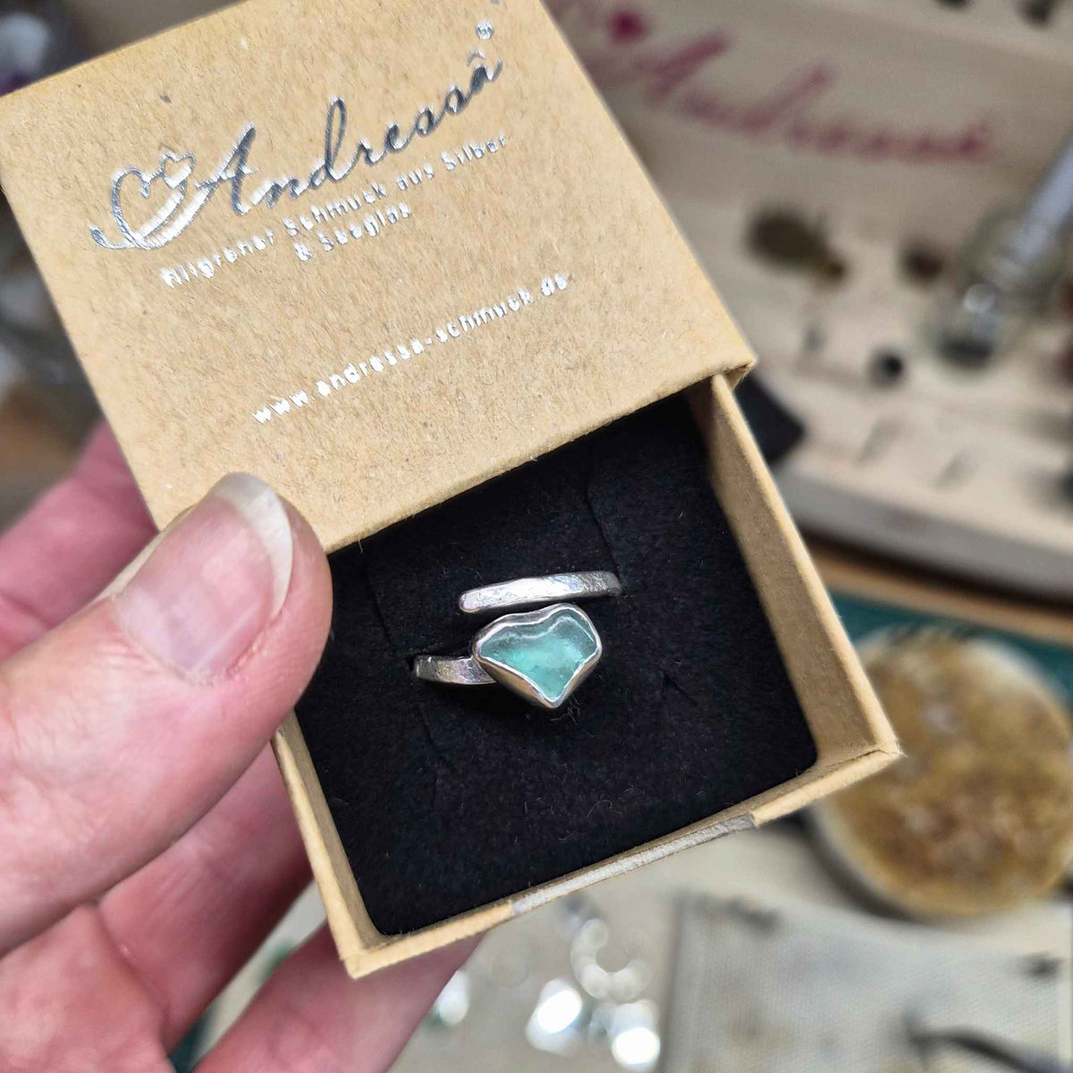 Seeglas Ring Schlange · offen · grünes Seeglas, 6 weitere Farben