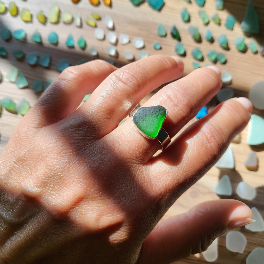 Seeglas Ring Statement massiv Silber Bandring | Rügen handgeschmiedet edel