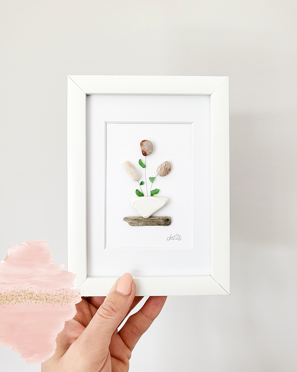 Seeglasbild Kaktus - mit Treibholz, Seekeramik und echtem Seeglas aus der Ostsee