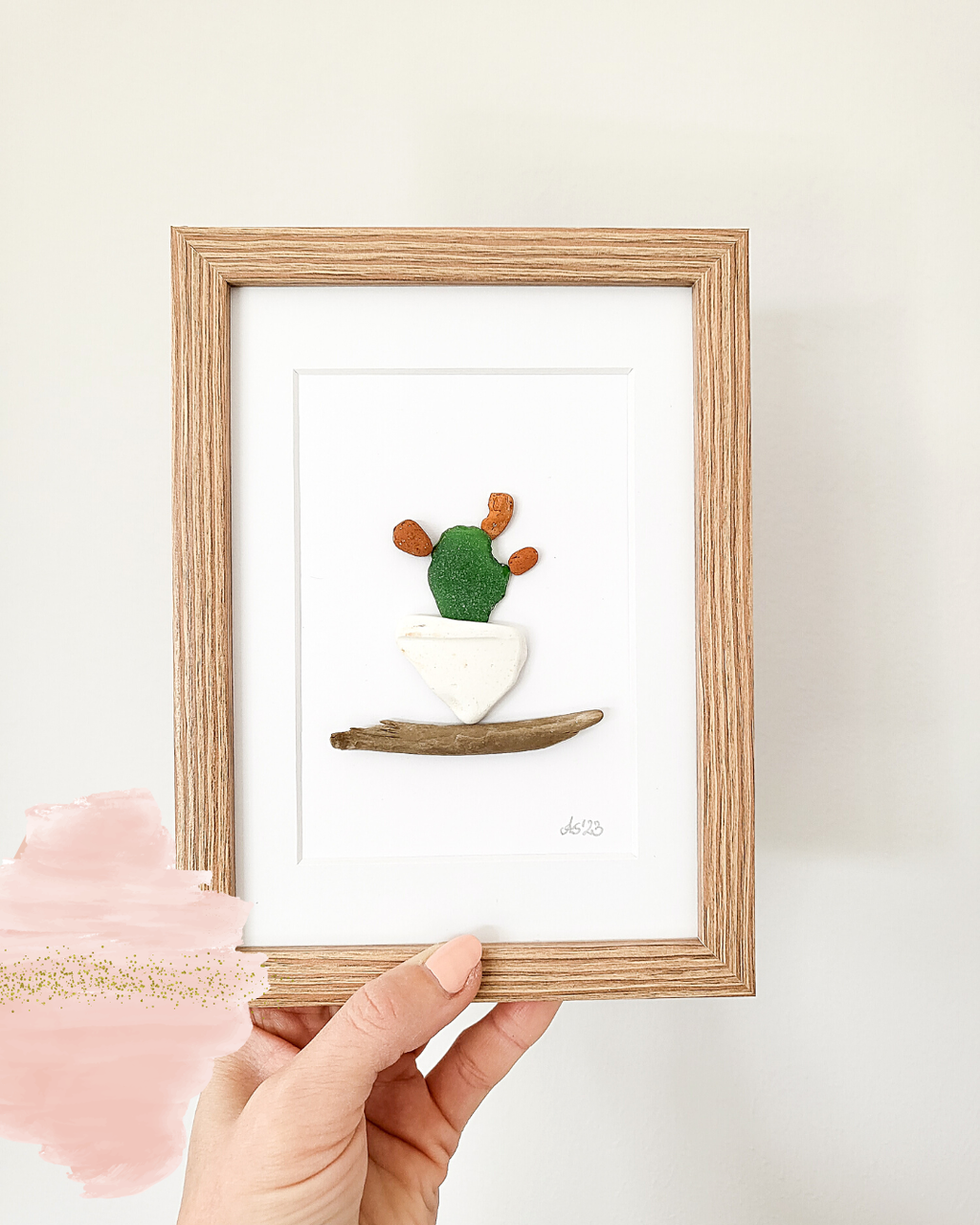 Seeglasbild Kaktus - mit Treibholz, Seekeramik und echtem Seeglas aus der Ostsee