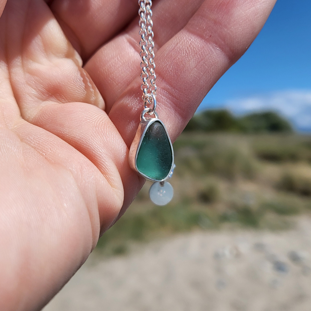 Türkis Seeglas Kette | 925 Silber oval eckig Karibik Rügen Andressa Schmuck