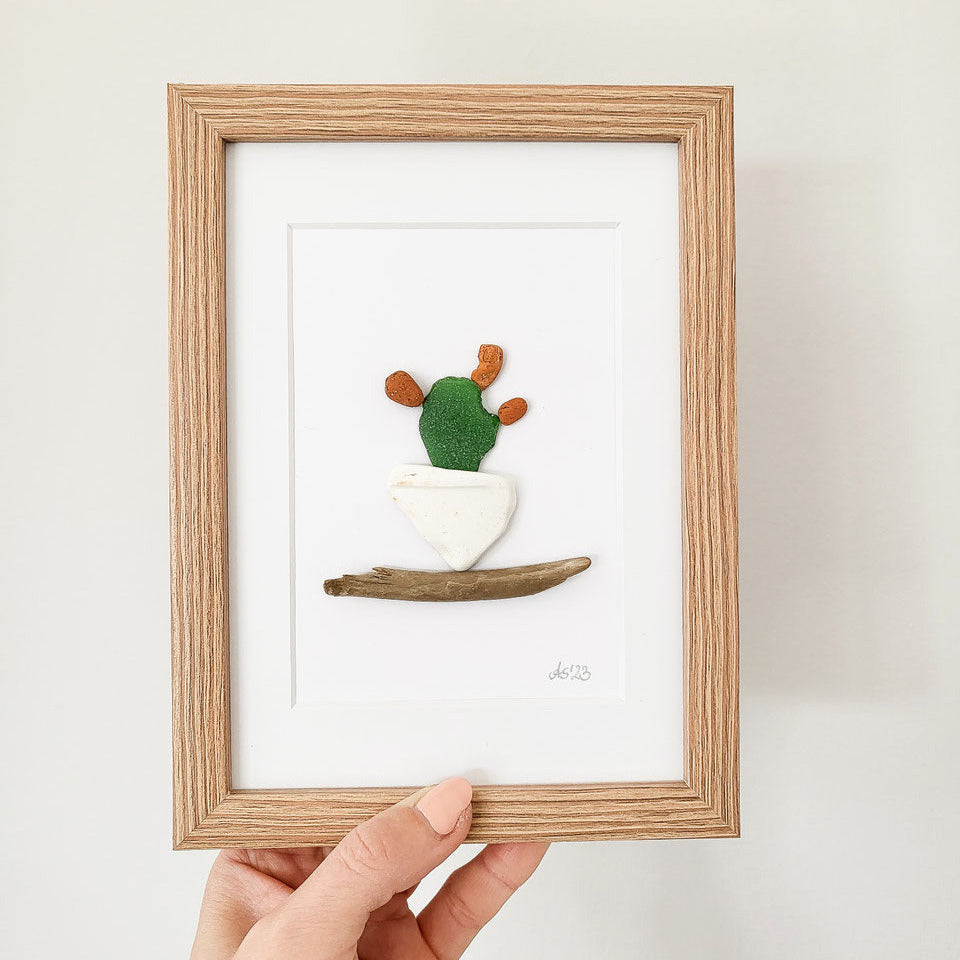 Seeglasbild Kaktus - mit Treibholz, Seekeramik und echtem Seeglas aus der Ostsee