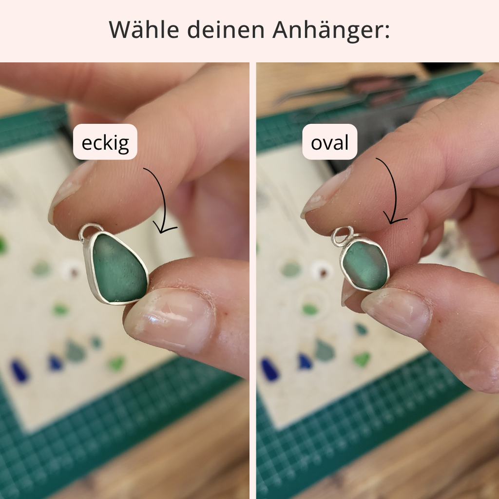 Seeglas Kette · eckige ovale Fassung · Türkis