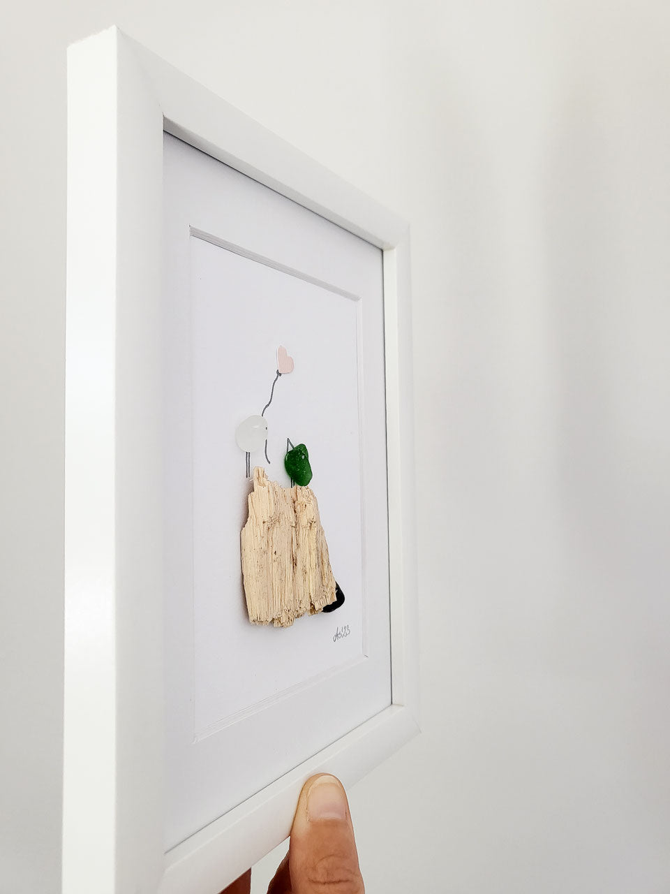 Seeglasbild Herzluftballon - mit Treibholz und echtem Seeglas aus der Ostsee