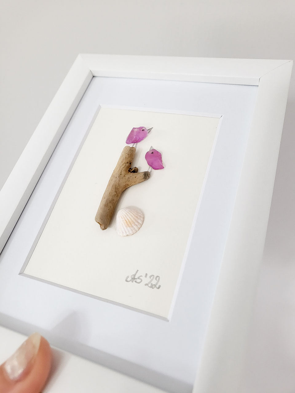 Andressâ - Seeglasbild Pink Birds - mit Treibholz, Muschel und und echtem Seeglas aus der Ostsee