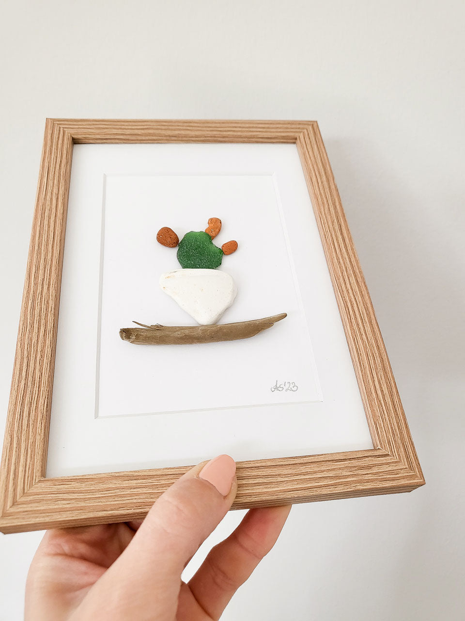 Seeglasbild Kaktus - mit Treibholz, Seekeramik und echtem Seeglas aus der Ostsee