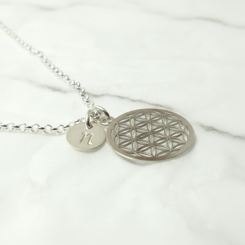 Blume des Lebens + Buchstabe 925 Silberkette / Namenskette