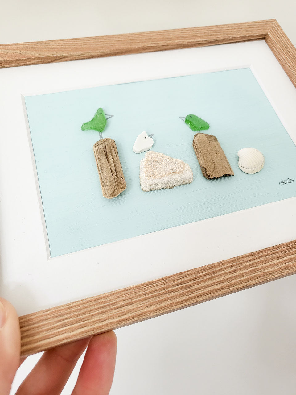 handgefertigtes Seeglasbild Beachlife mit Kreidefarbe in Mint - mit Treibholz, Muscheln und echtem Seeglas aus der Ostsee