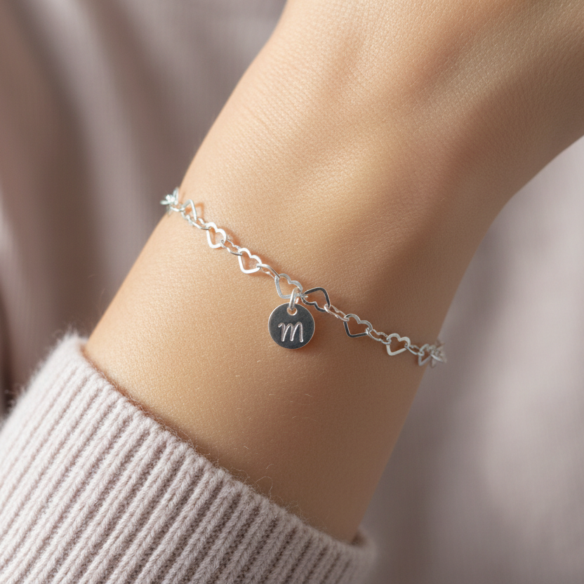 Silberarmband mit Herz am Handgelenk