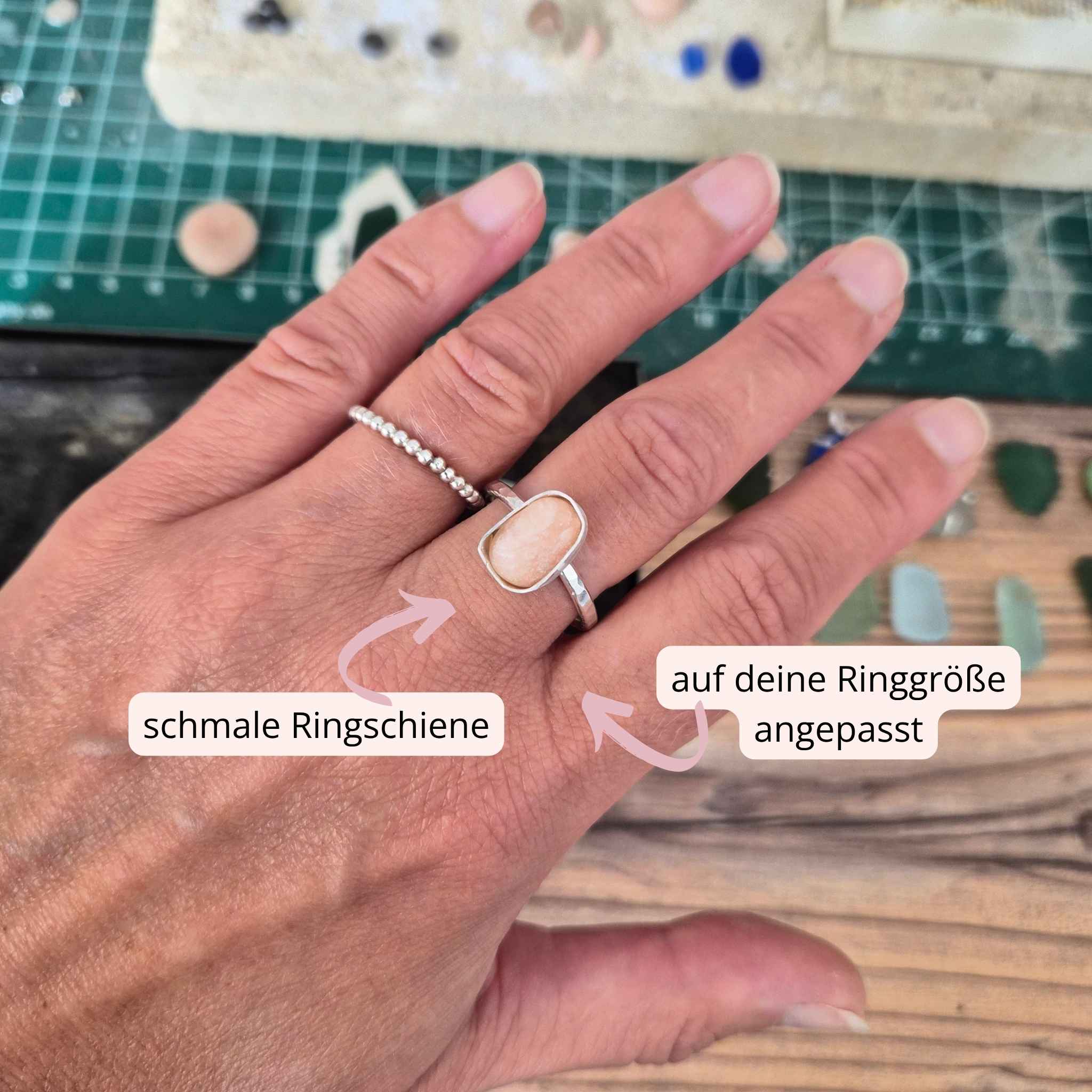 Rosa Ostseejade schmeler Ring · Handgeschmiedet 935 Silber · Hammerschlag von Rügen Andressa Schmuck Ruegen