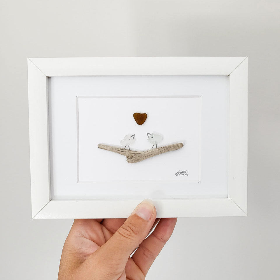 Seeglasbild Liebe  - mit Treibholz und echtem Seeglas aus der Ostsee
