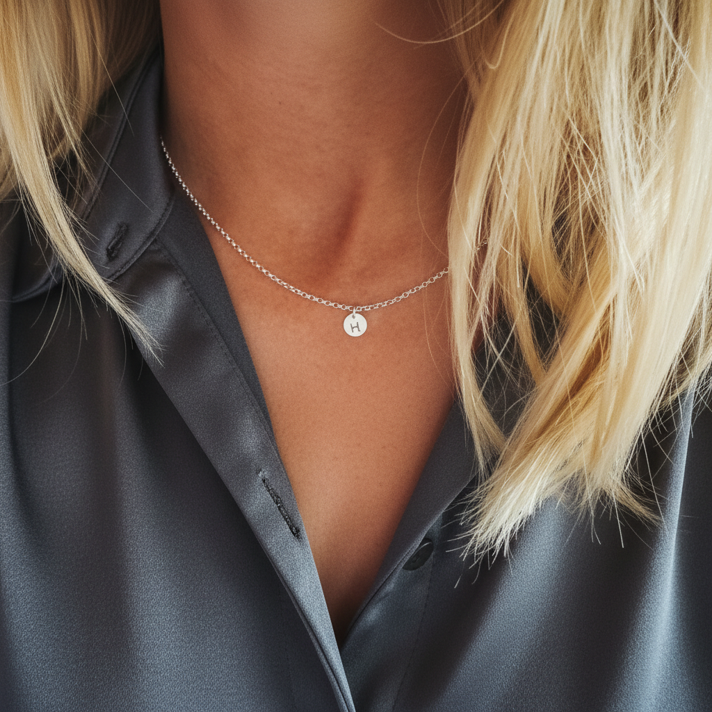 Personalisierte Handgefertigte Namenskette mit einem runden Silberplättchen