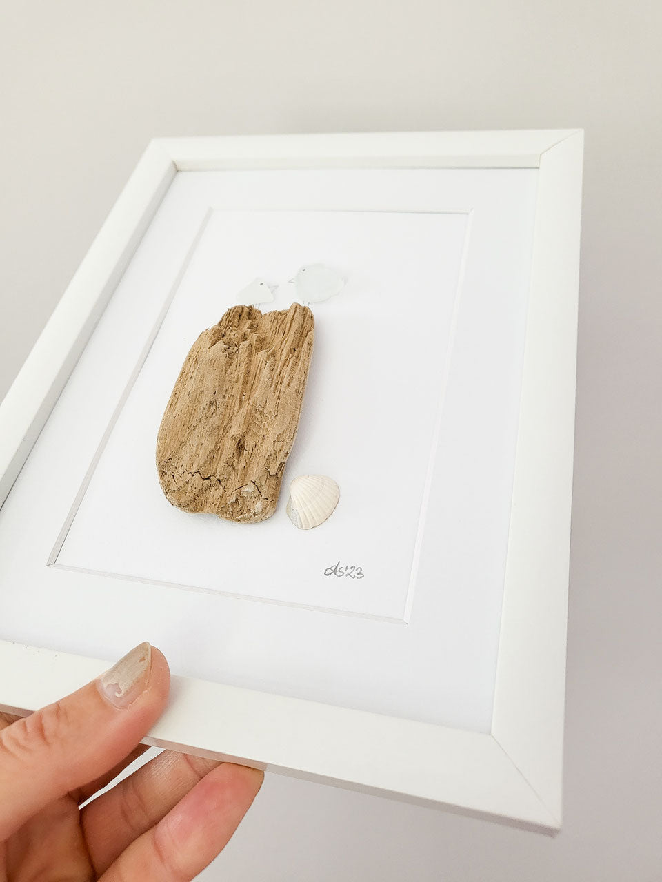 Seeglasbild Beachlife Big 1 Vögelchen - mit Treibholz, Muscheln und echtem Seeglas aus der Ostsee