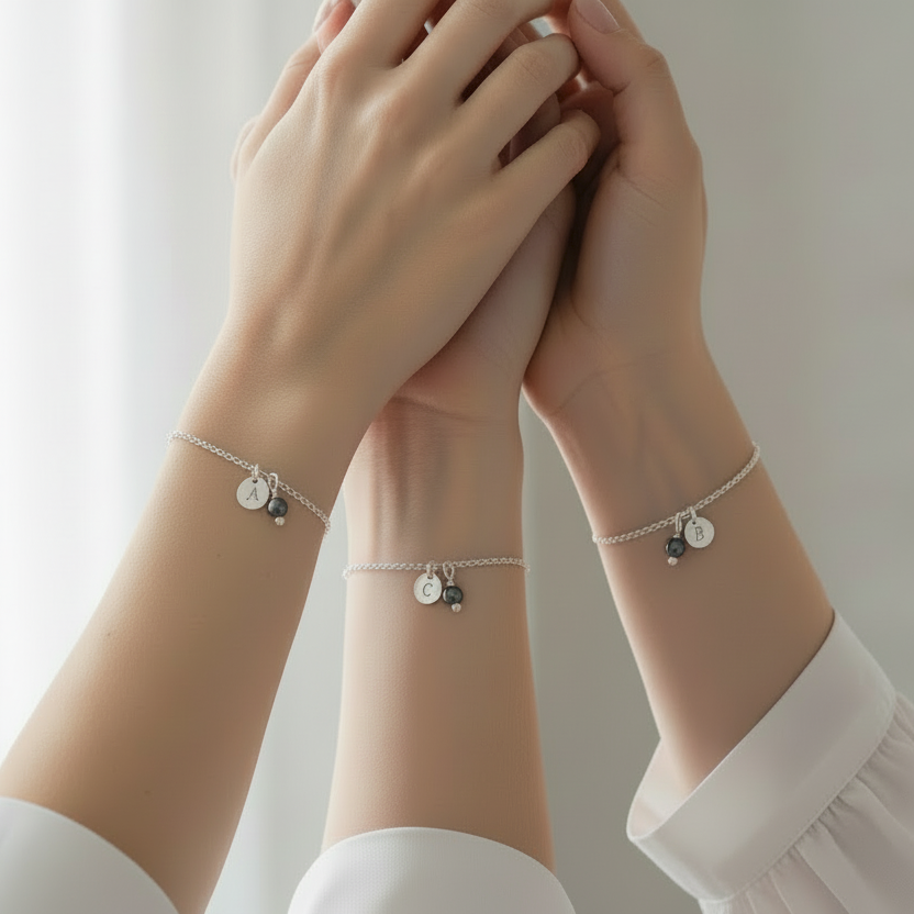 Armbänder für Trauzeuginnen - 3er Set Hämatit und Initial 925 Silberarmband