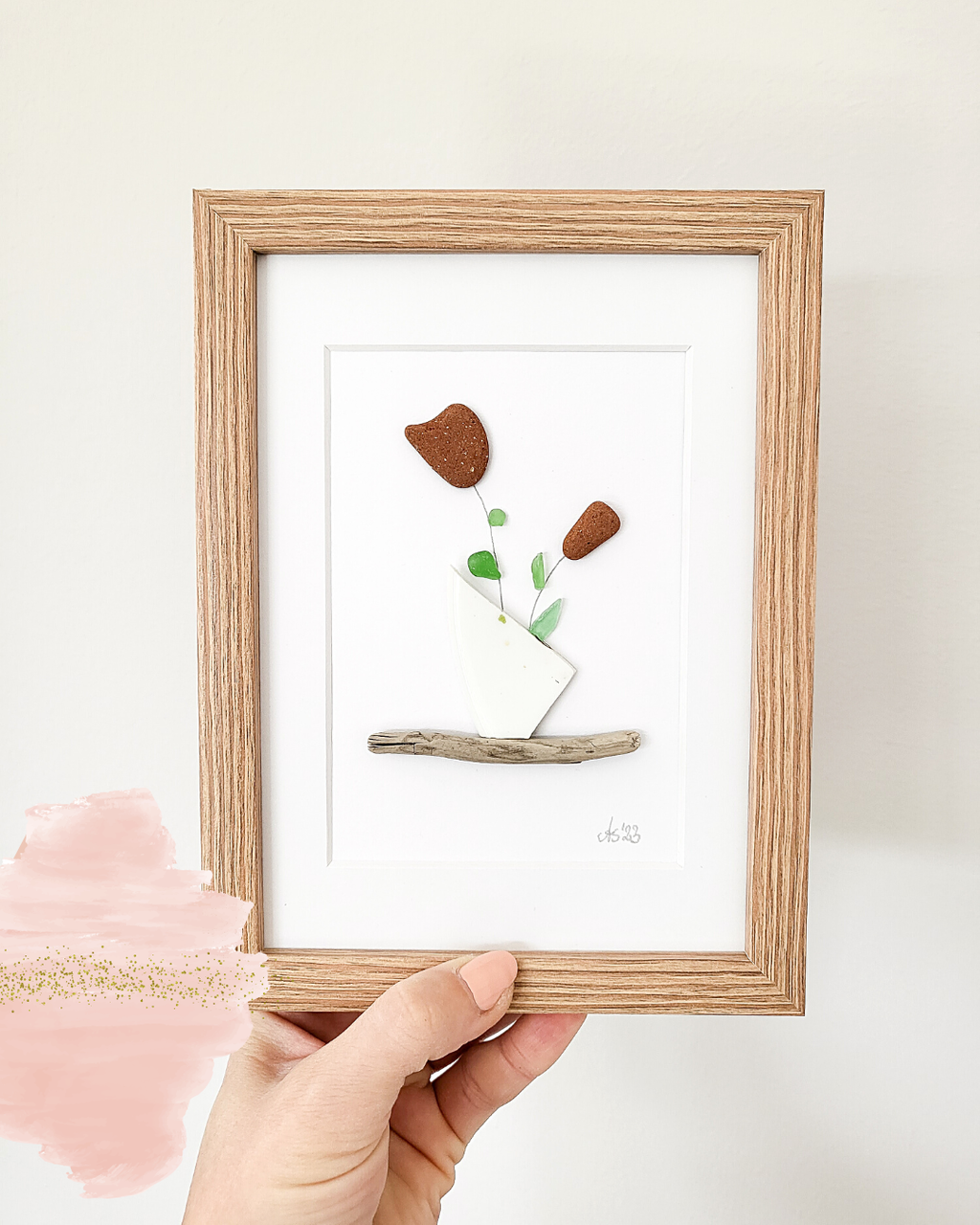 Seeglasbild Kaktus - mit Treibholz, Seekeramik und echtem Seeglas aus der Ostsee