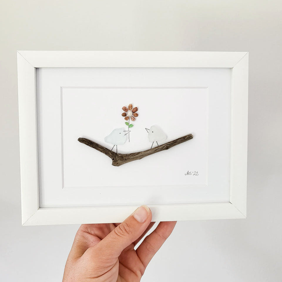 Seeglasbild Danke mit einer Blume - mit Treibholz, Steinen und echtem Seeglas aus der Ostsee