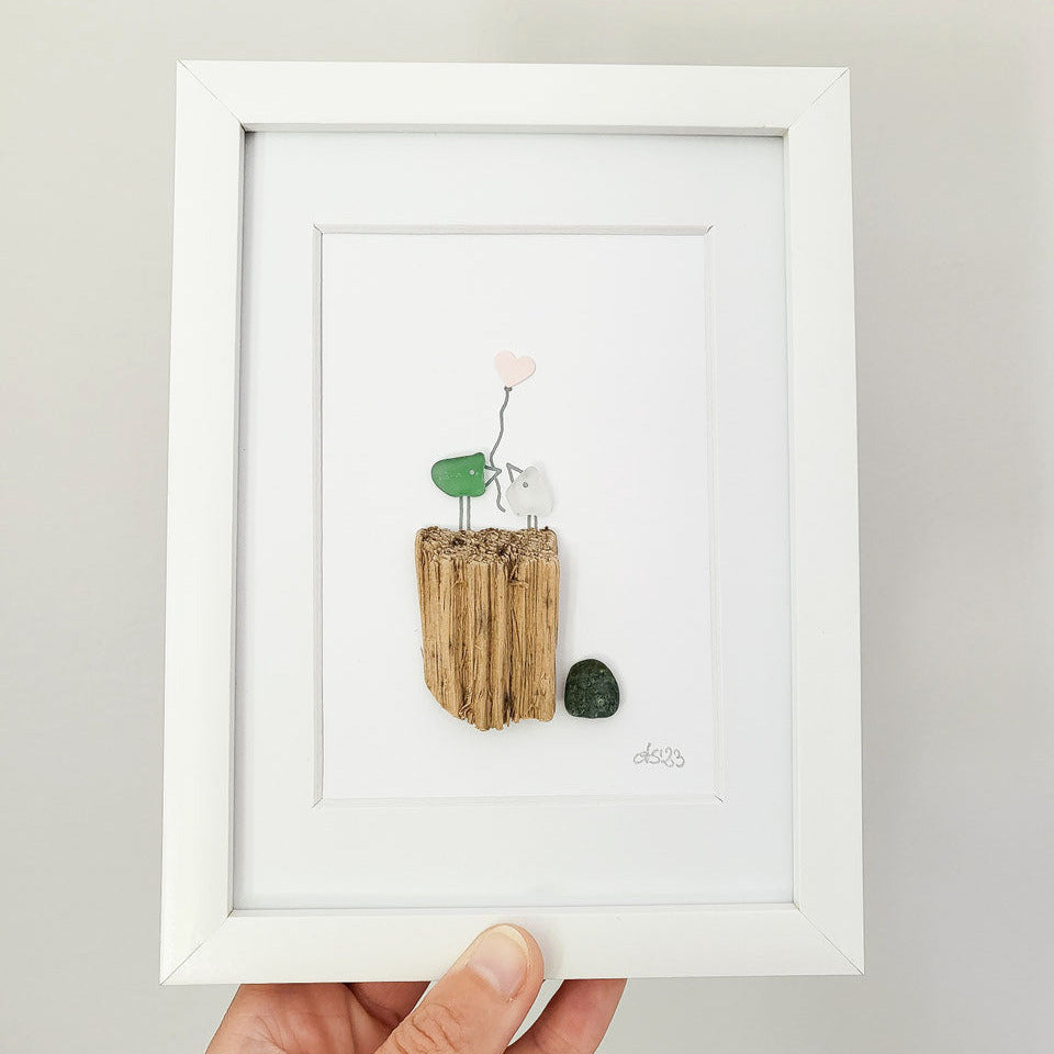 Seeglasbild Herzluftballon - mit Treibholz und echtem Seeglas aus der Ostsee