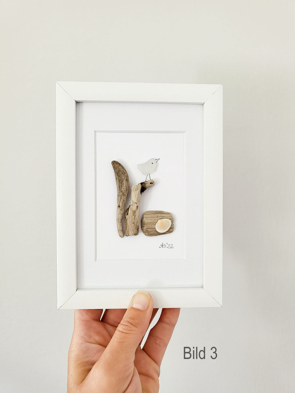 Seeglasbild Beachlife 1 Vögelchen - mit Treibholz, Muscheln und echtem Seeglas aus der Ostsee