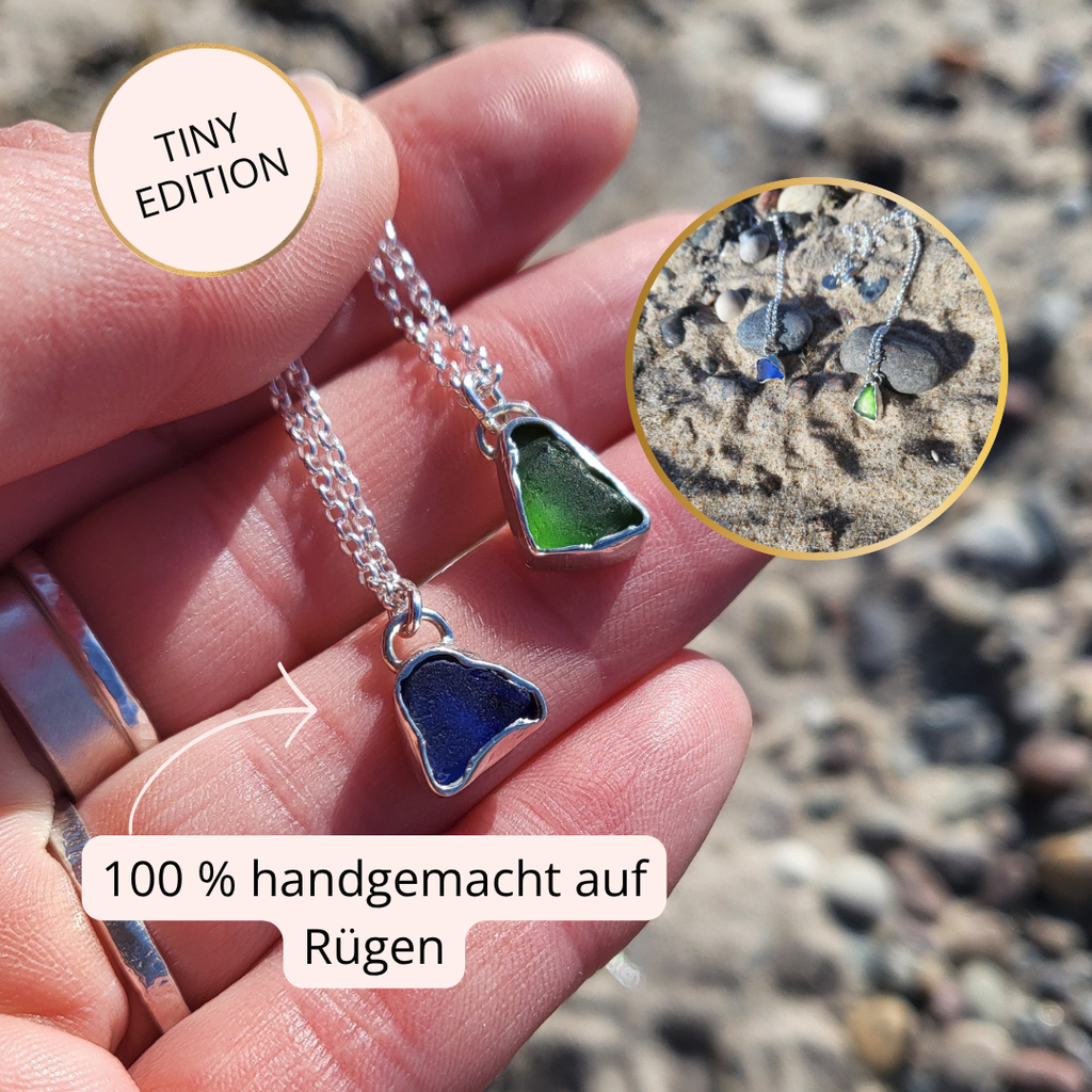 Dunkelblaue und Grasgrüne Seeglas Silberketten mit echtem Seeglas von Rügen