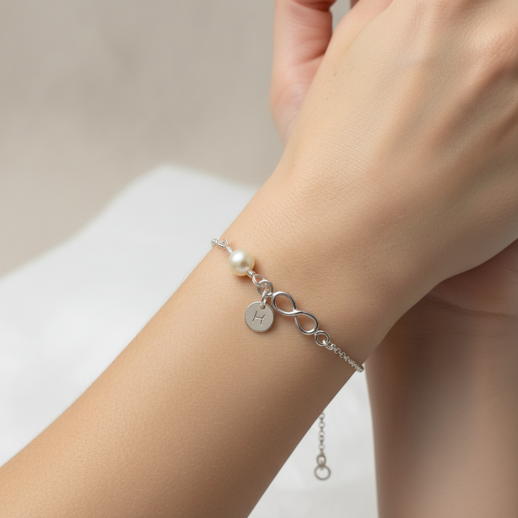 Infinity und Perle 925 Silberarmband Initialplättchen