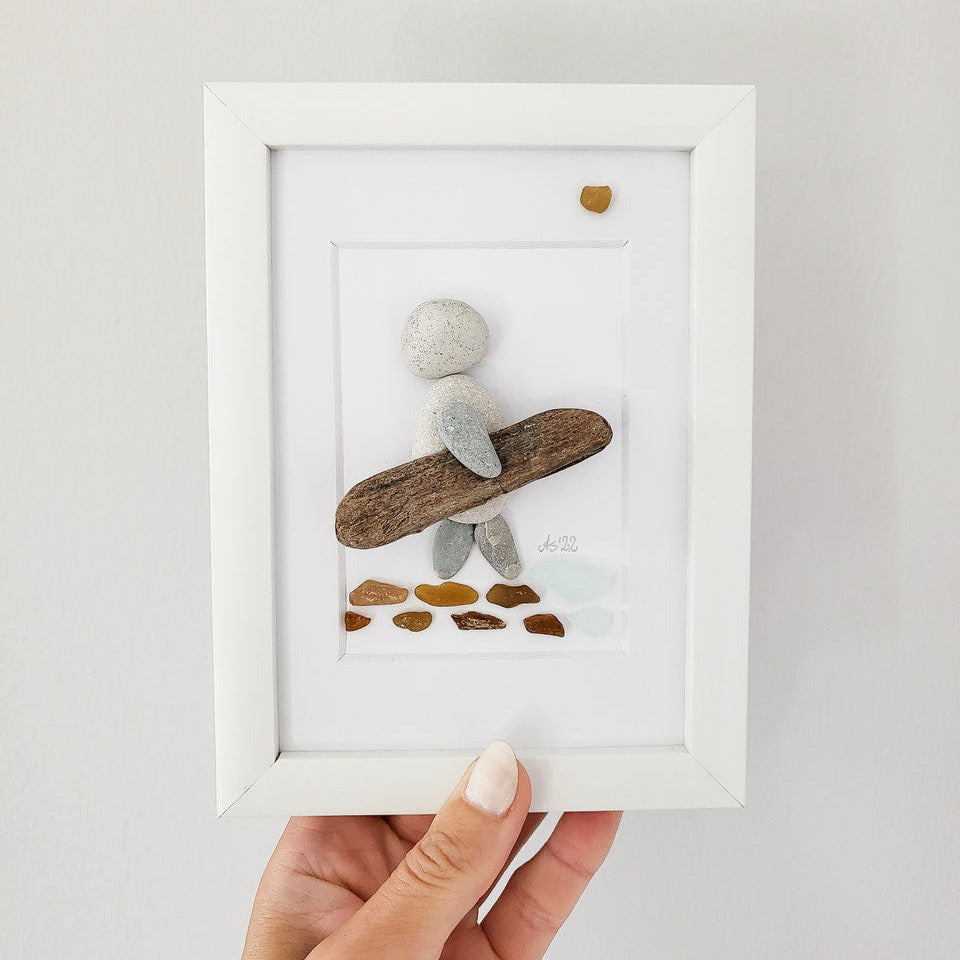 Seeglasbild Surfer - mit Treibholz, Steinen und echtem Seeglas aus der Ostsee