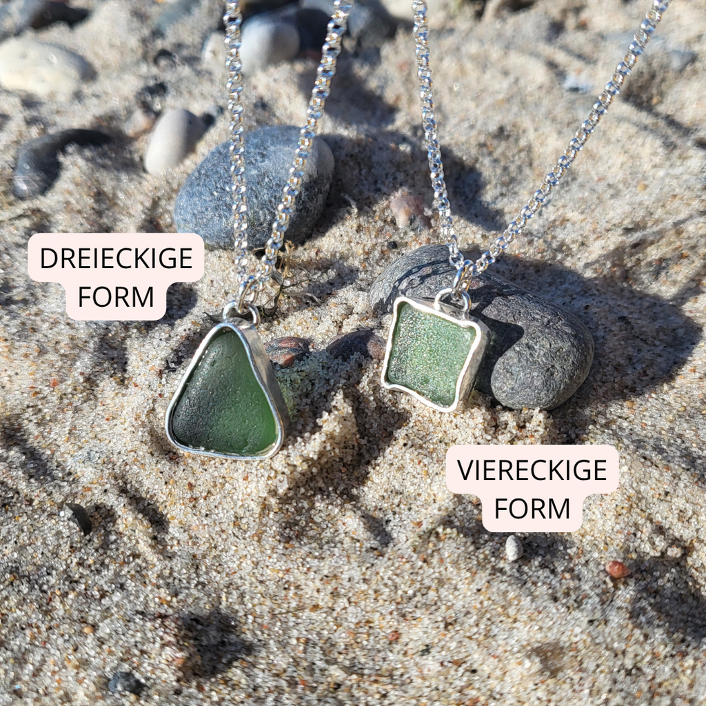Birne, dreieckige und viereckige grüne Seeglas Silberketten mit echtem Seeglas von Rügen