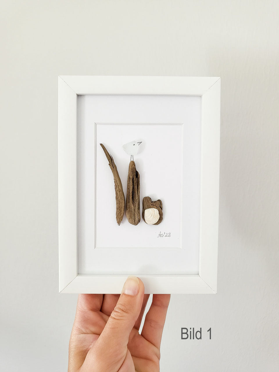 Seeglasbild Beachlife 1 Vögelchen - mit Treibholz, Muscheln und echtem Seeglas aus der Ostsee