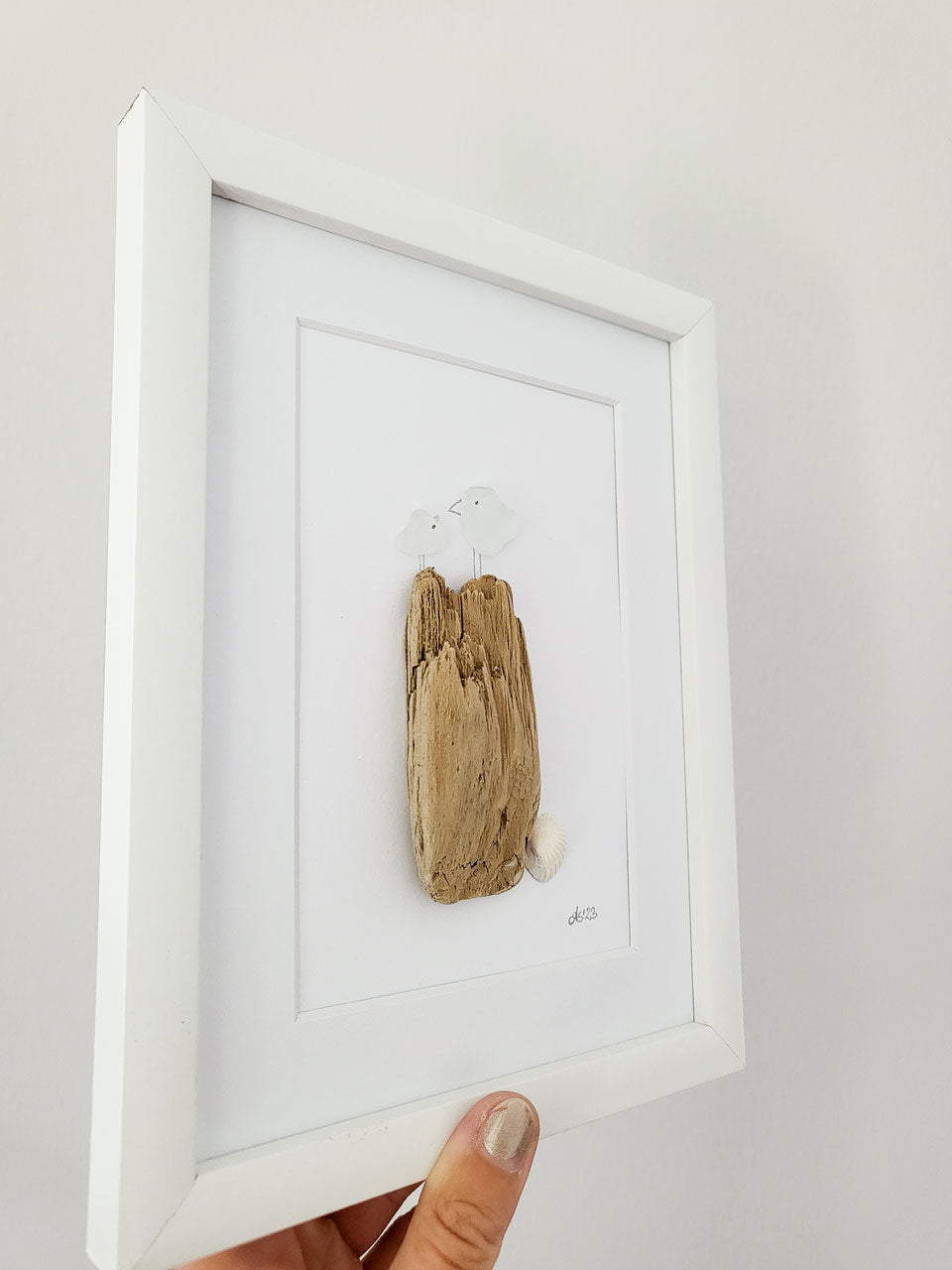 Seeglasbild Beachlife Big 1 Vögelchen - mit Treibholz, Muscheln und echtem Seeglas aus der Ostsee