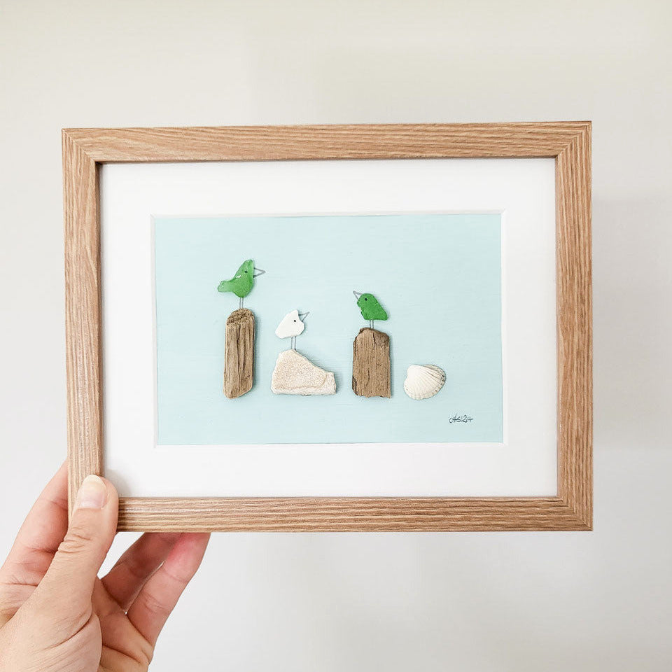 handgefertigtes Seeglasbild Beachlife mit Kreidefarbe in Mint - mit Treibholz, Muscheln und echtem Seeglas aus der Ostsee