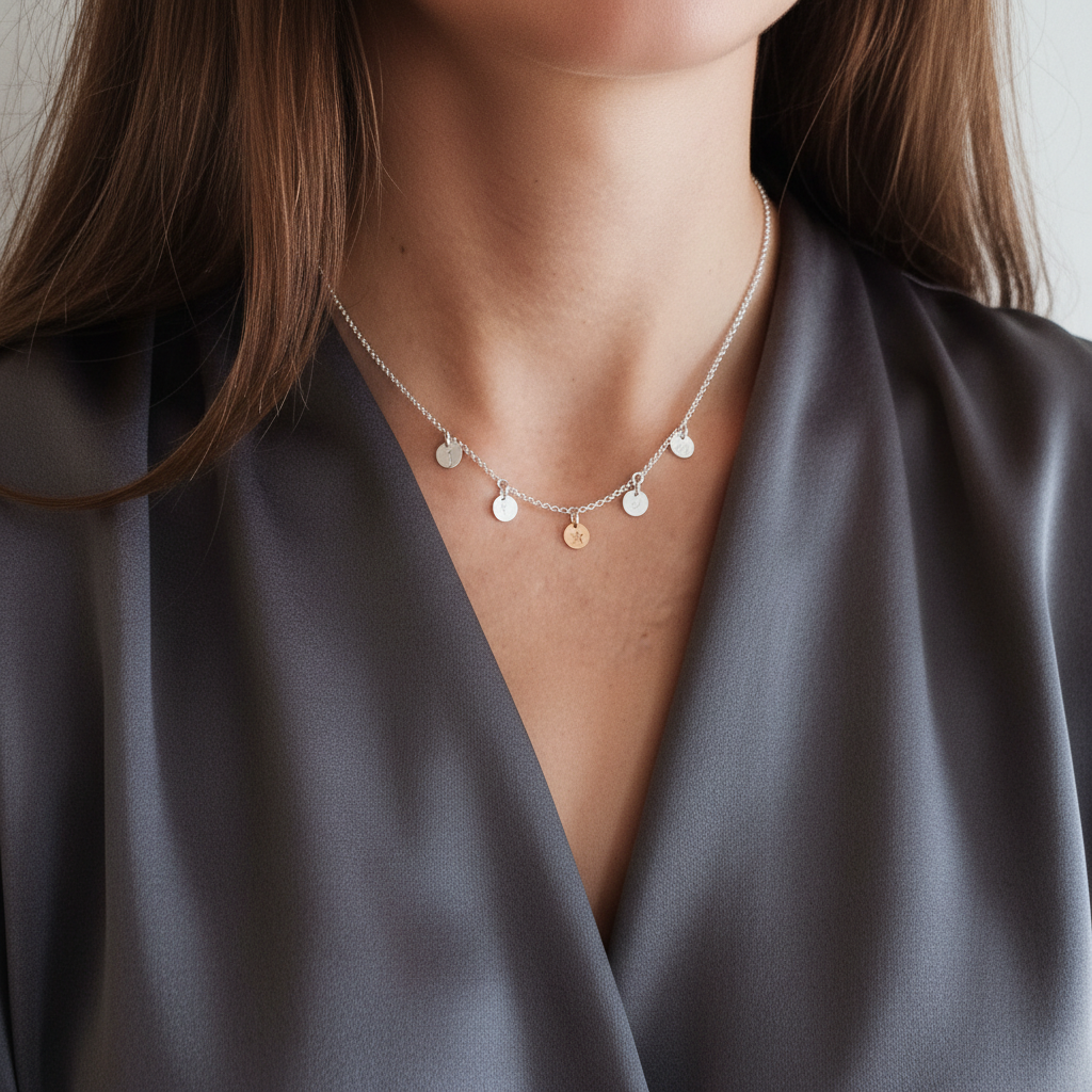 Zarte Namenskette mit fünf Plättchen - von Hand gefertigt mit einem rosévergoldeten Highlight