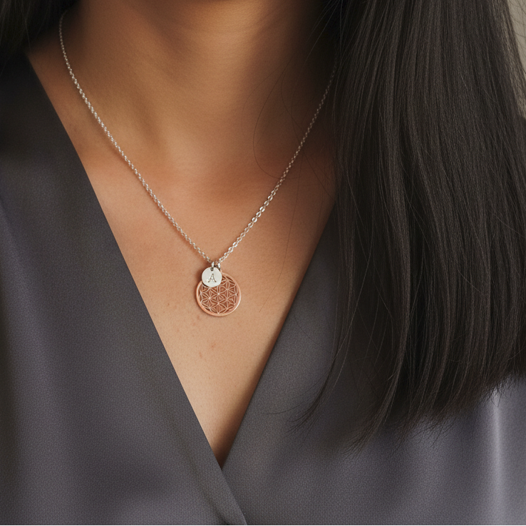 Blume des Lebens + Buchstabe 925 Silberkette / Namenskette