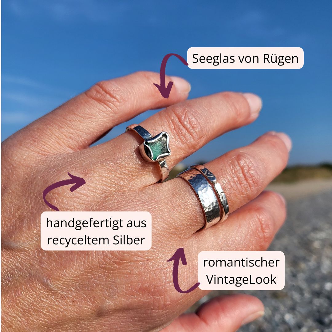 Ostseezauber - romantischer Silberring mit echtem Seeglas von Rügen