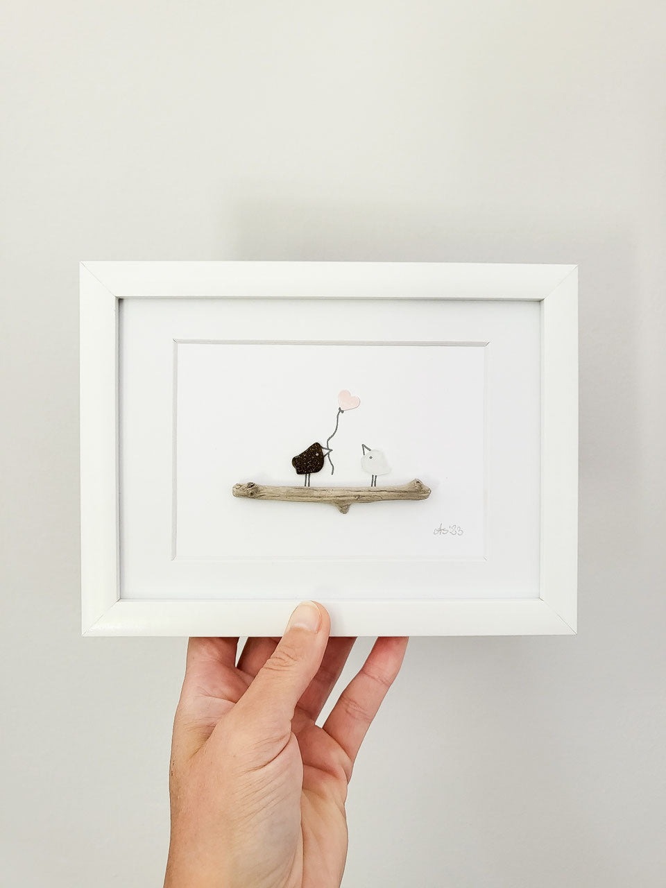 Seeglasbild Herzluftballon - mit Treibholz und echtem Seeglas aus der Ostsee