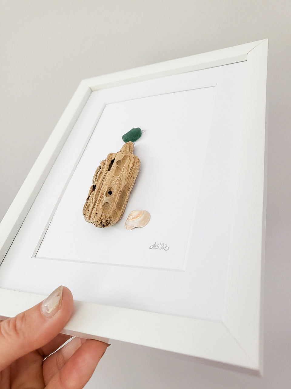 Seeglasbild Beachlife Big 1 Vögelchen - mit Treibholz, Muscheln und echtem Seeglas aus der Ostsee