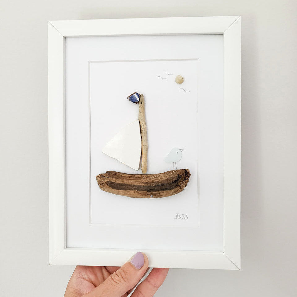 Seeglasbild Sail Away - Auf zu neuen Ufern - mit Keramik, Treibholz und echtem Seeglas aus der Ostsee