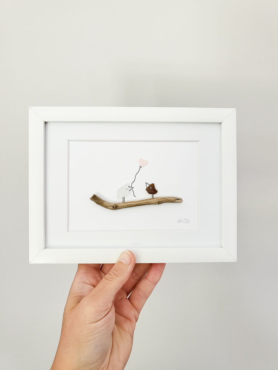 Seeglasbild Herzluftballon - mit Treibholz und echtem Seeglas aus der Ostsee