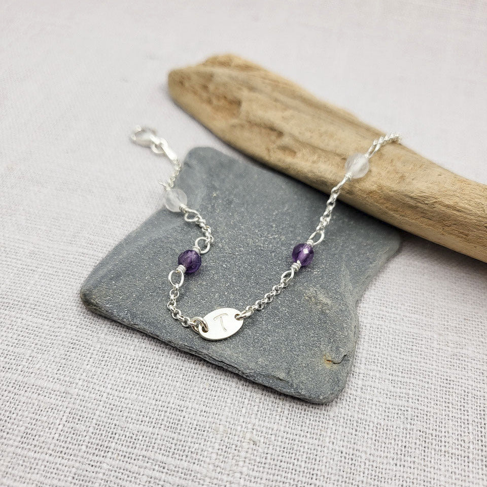 Namensarmband Perlen und ovale Plättchen 925 Silberarmband - Initialplättchen