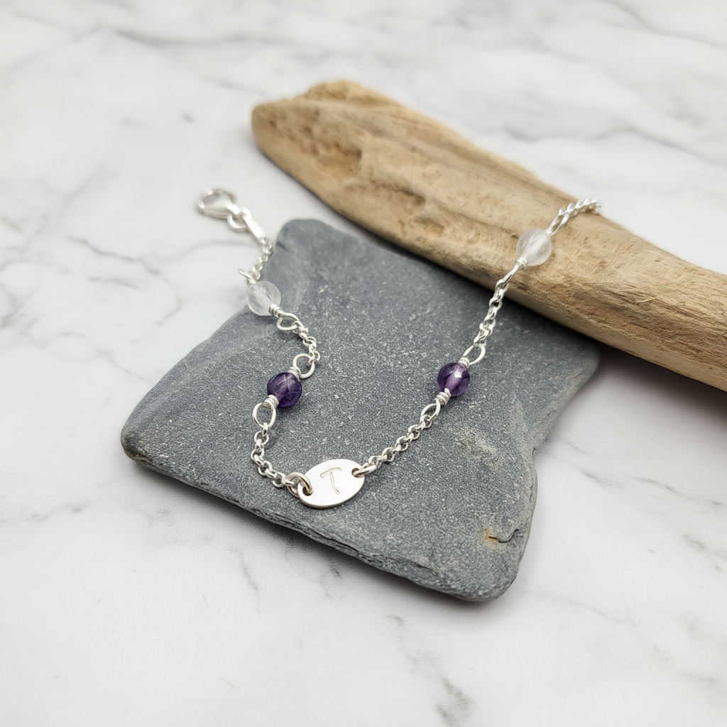 Namensarmband Perlen und ovale Plättchen 925 Silberarmband - Initialplättchen