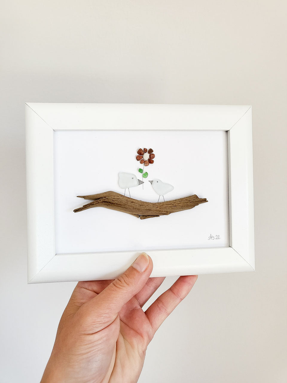 Seeglasbild Danke mit einer Blume - mit Treibholz, Steinen und echtem Seeglas aus der Ostsee