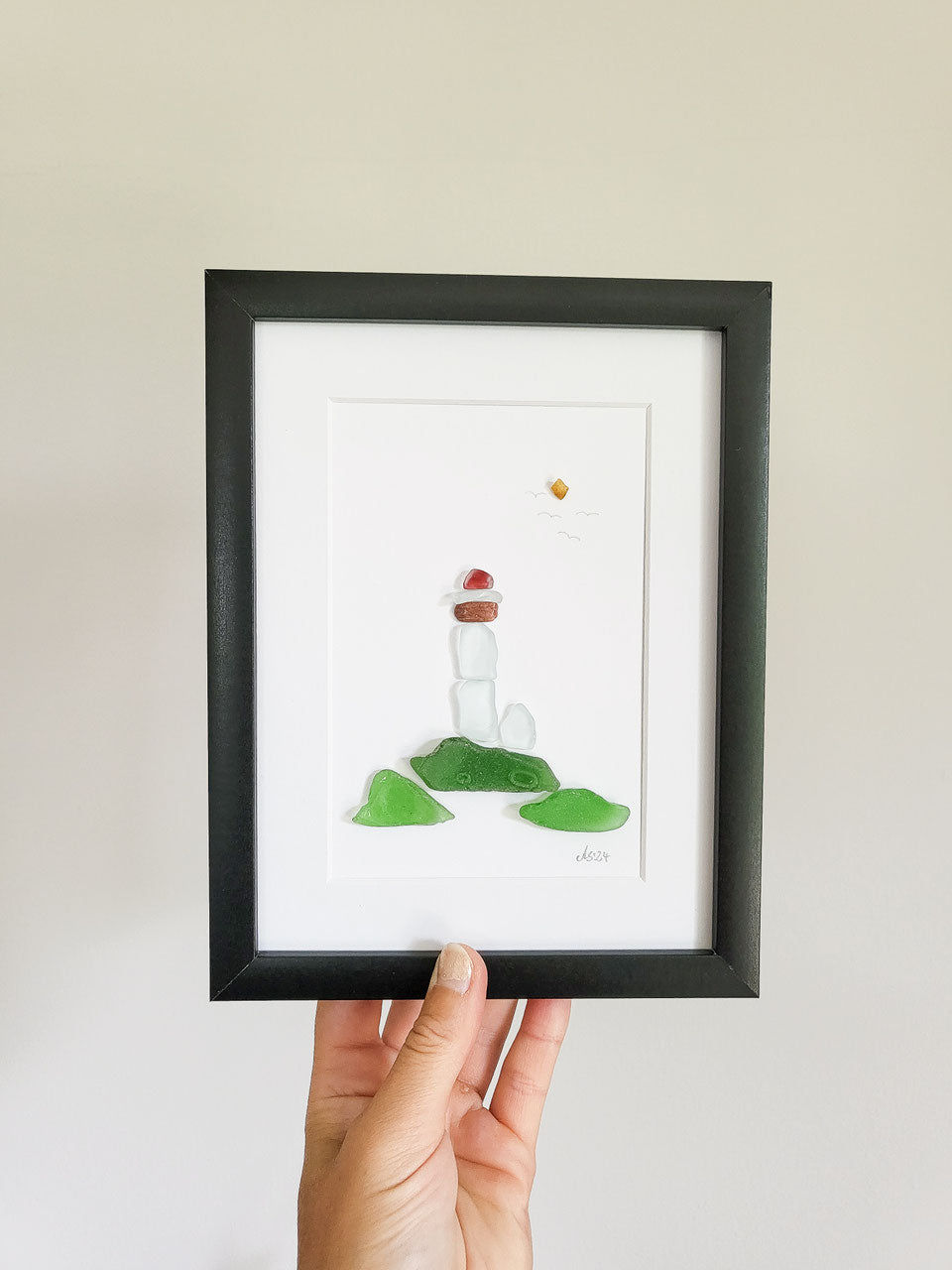 Seeglasbild Leuchtturmzauber - mit Steinen und echtem Seeglas aus der Ostsee