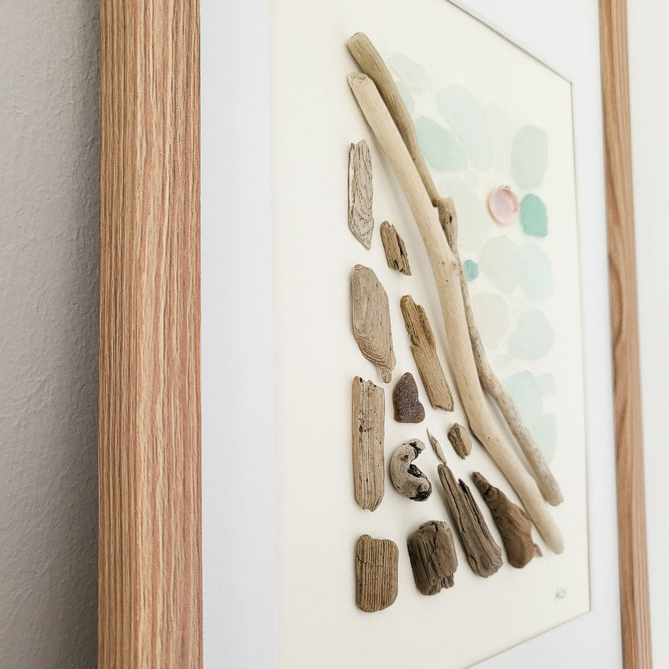handgefertigte Meerglas Collage Spring - mit echtem Seeglas, Treibholz und Muscheln aus der Ostsee