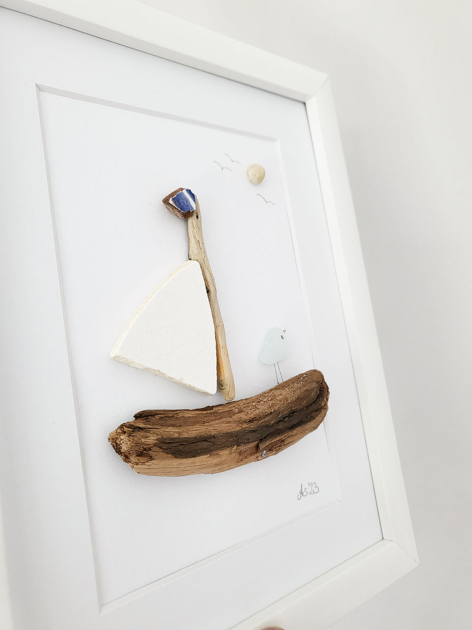 Seeglasbild Sail Away - Auf zu neuen Ufern - mit Keramik, Treibholz und echtem Seeglas aus der Ostsee