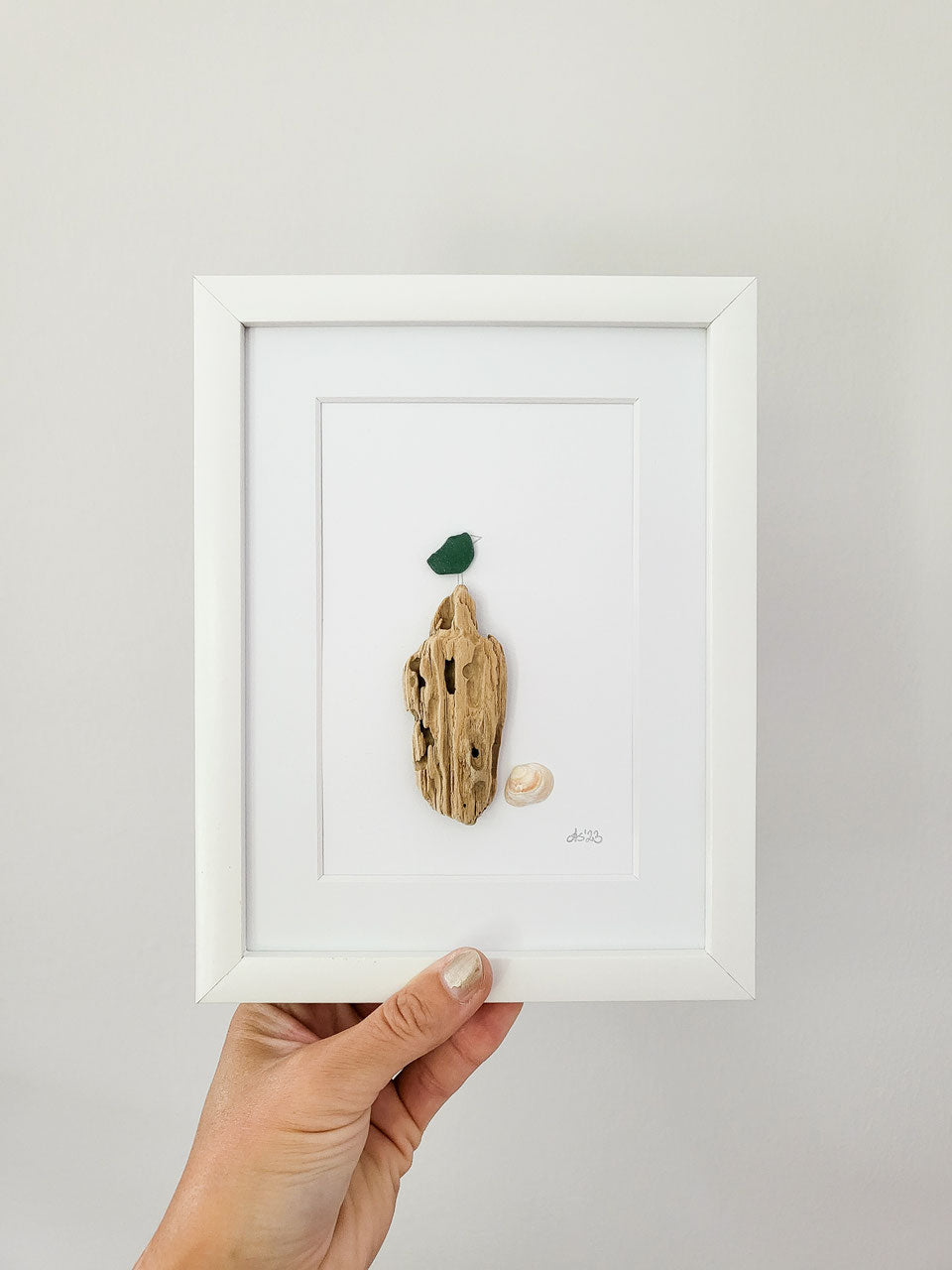 Seeglasbild Beachlife Big 1 Vögelchen - mit Treibholz, Muscheln und echtem Seeglas aus der Ostsee