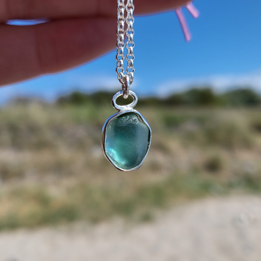 Türkis Seeglas Kette | 925 Silber oval eckig Karibik RügenAndressa Schmuck