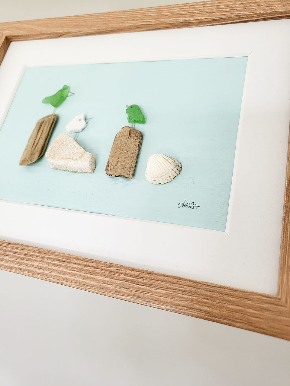 handgefertigtes Seeglasbild Beachlife mit Kreidefarbe in Mint - mit Treibholz, Muscheln und echtem Seeglas aus der Ostsee