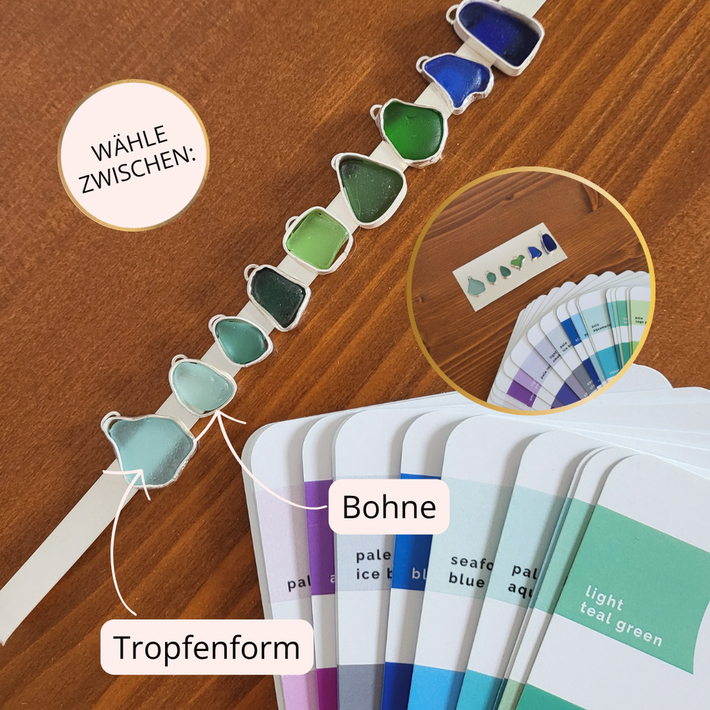 Seeglas Kette mit Aqua-Tropfenanhänger oder einer kleinen Bohnenform - Silberkette mit echtem Seeglas von Rügen