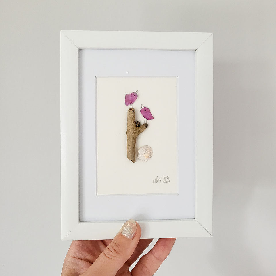 Andressâ - Seeglasbild Pink Birds - mit Treibholz, Muschel und und echtem Seeglas aus der Ostsee